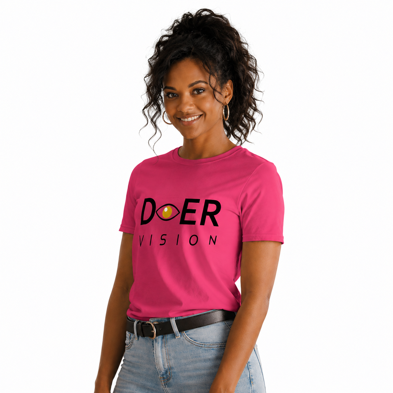 Woman wearing a pink t-shirt with 'DOER VISION' design on a white background